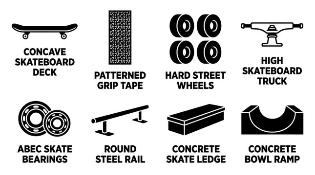 Set of eight skateboarding gear and obstacle icons for street and park skating with skateboarding skateboard equipment bearings concrete obstacle recreation lifestyle patterned illustration