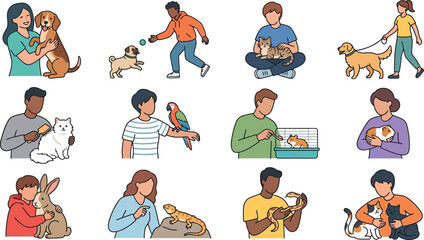 Obraz premium Diverse people interacting with various domestic pets including dogs cats birds and exotic animals