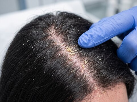 Close-up of a gloved hand examining a persons scalp with visible dandruff flakes.