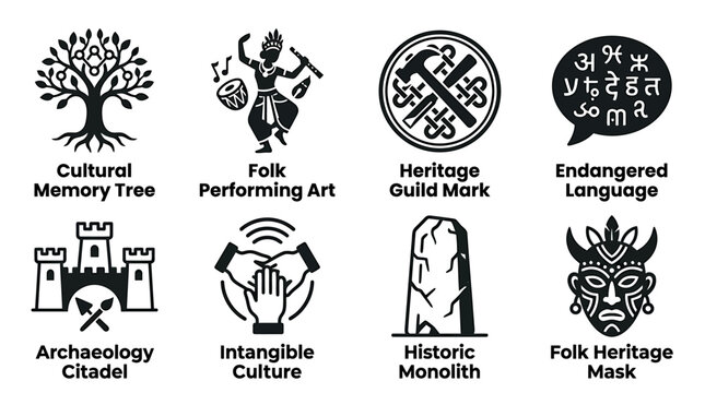 Set of eight cultural history and intangible heritage symbols with heritage intangible performing language monolith archaeology tradition community humanity identity performance monument