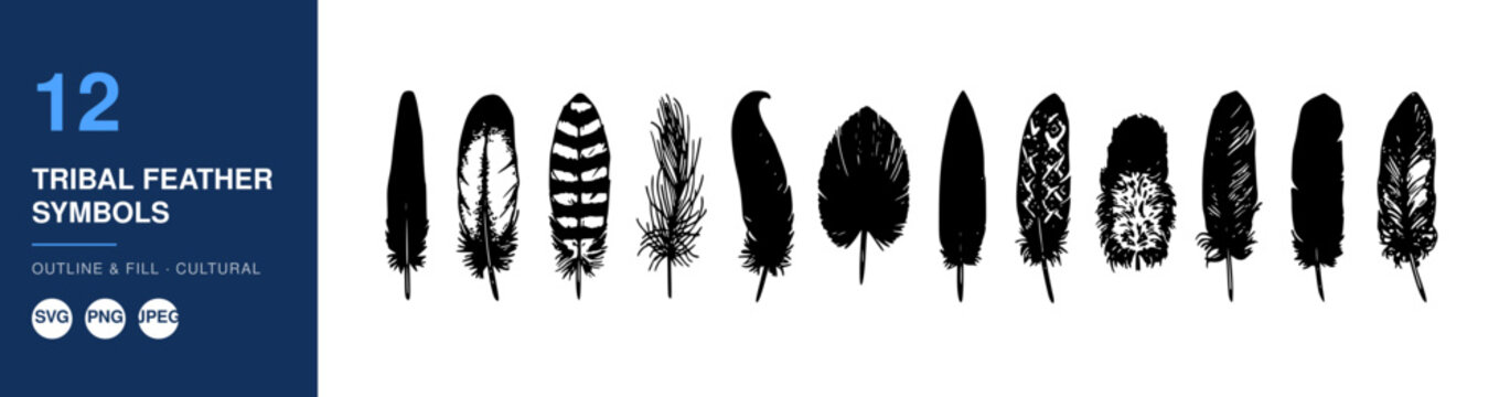 Tribal Feather Symbols Set, Outline and Fill Design, Cultural Icon Illustration Featuring Feathers, Nameplate