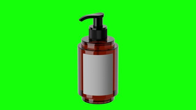3D Animation amber pump bottle with a blank white label on Green screen Background. Minimalist cosmetic or skincare packaging mockup. loop 4k animation.