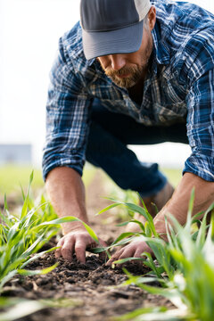 Close up of a farmer crouching and examining green young sprouts growing in rich soil.