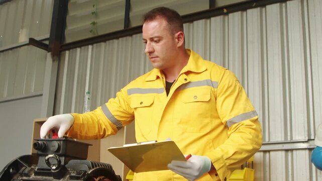 Engineer in yellow safety clothing write data into clipboard while uses multimeter to test electrical installation, measure current of machinery at manufacturing factory. Worker inspecting the machine