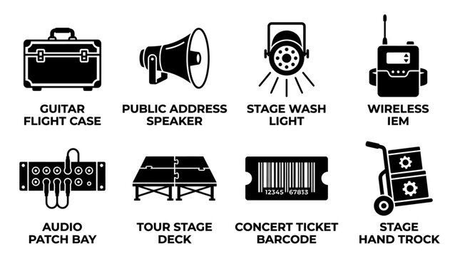 Set of eight stage production and concert technical equipment icons in black and white with production equipment lighting flightcase technical performance communication wireless logistics