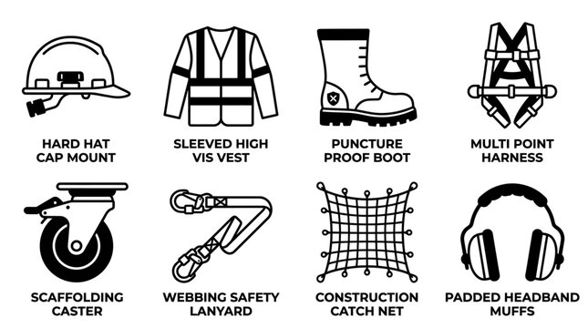 Set of construction safety equipment icons for industrial site protection with hard hat safety net safety gear work gear construction equipment industrial protection workplace headphone