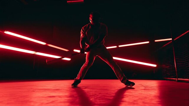 Baseball player holding bat ready to hit, shadowy indoor practice, male athlete, batting stance, sports training, strength, focus and competition