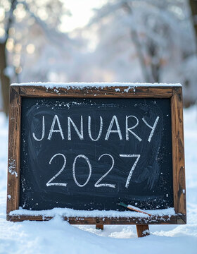 Rustic black chalkboard with text JANUARY 2027 in snow-covered park, frosted trees and soft winter bokeh on background, cold seasonal atmosphere. Close-up.