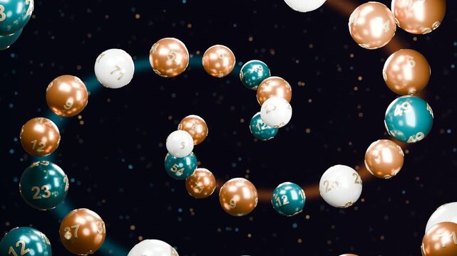 Lottery balls galaxy orbit copper teal white numbers gambling jackpot floating spheres on dark cosmic background for raffle promotion gaming concepts prize draw advertising and entertainment design