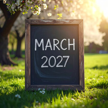Rustic black chalkboard with text MARCH 2027 in white chalk, fresh spring park with budding trees, soft green grass and gentle sunlight. Close-up.