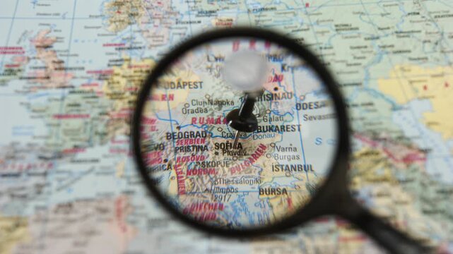 Animated Magnifying Glass Locating Sofia on Map of Bulgaria