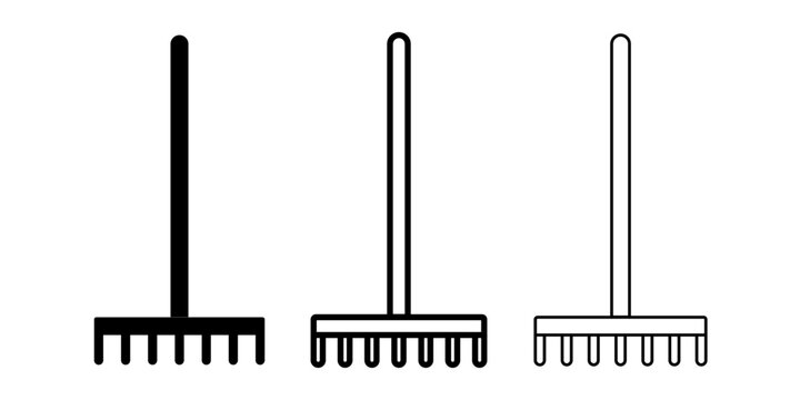 Set of garden rake icons in black silhouette and outline styles