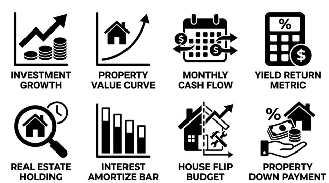 Real estate investment and property financial growth chart icons with investment property business mortgage interest amortize calculator percentage analysis financial planning transaction