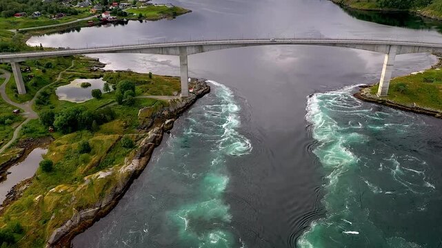 Aerial Drone View of Saltstraumen Tidal Current with Bridge Over Fjord in Northern Norway