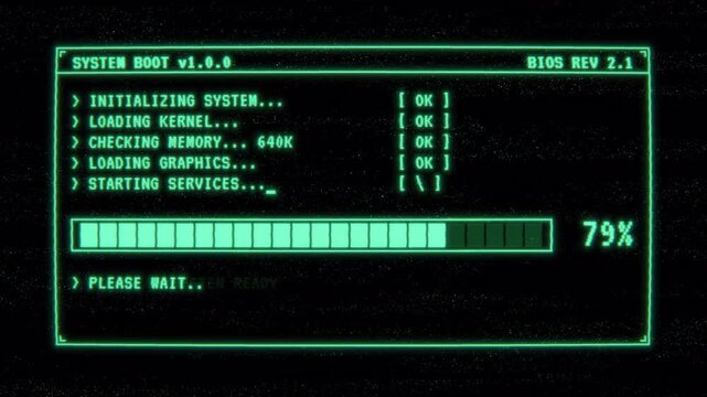Retro CRT terminal boot sequence with green phosphor loading screen with progress bar and system ready. 8 bit loading bar progress with green phosphor CRT terminal boot sequence