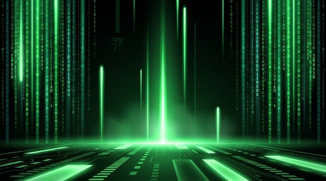 Green digital binary code rain falling down with bright light reflections on floor green matrix data streaming computer code technology background glowing lines