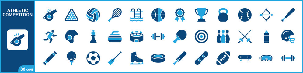 Fototapeta premium Sports And Athletic Games two-tone icon set. Filled glyph pictograms of equipment, fitness, competition, and training elements, blue duotone illustration.