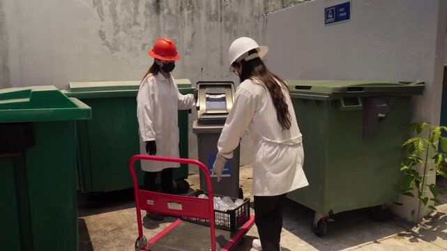 Two women workers at a recycling plant deposit polypropylene containers into a large recycling bin marked with symbol 5. This process is part of an initiative to create eco-friendly construction mater