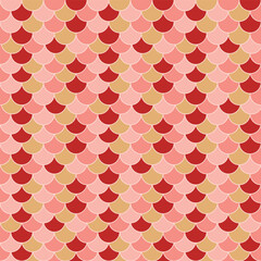 Seamless repeating pattern. Colorful fish scale or scalloped arc motifs in warm tones of red, peach, and gold with white outlines. Design for wrapping paper, fabric, design. © Kanthita