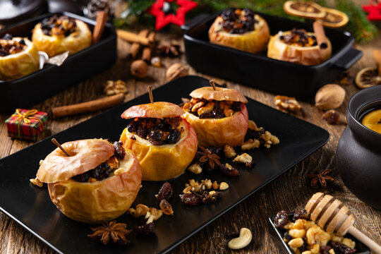 Whole baked apples. Christmas decoration. Top view, front view.