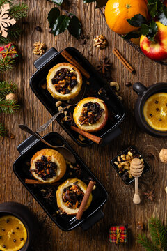 Whole baked apples. Christmas decoration. Top view, front view.