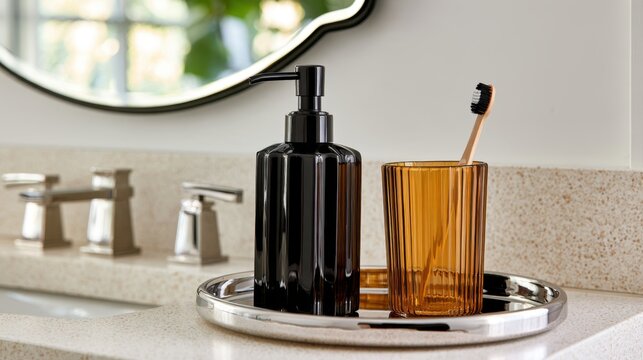 Modern bathroom counter with black soap pump amber glass tumbler and bamboo toothbrush for interior design and bathroom styling background