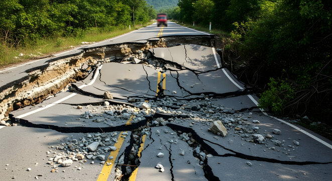 Cracked road after earthquake damage with debris
