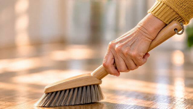 Senior Hand Sweeping Hardwood Floor with Short Wooden Broom