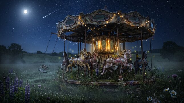 Vintage carousel horse ride at night, magical glowing merry go round in field, full moon under starry sky