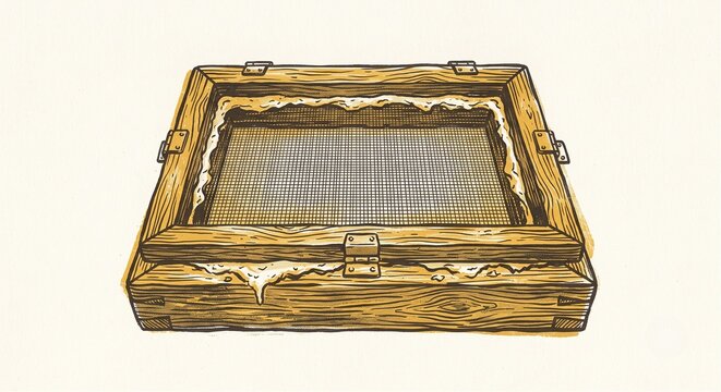 Contemporary risograph print papermaking mould and deckle on cream paper