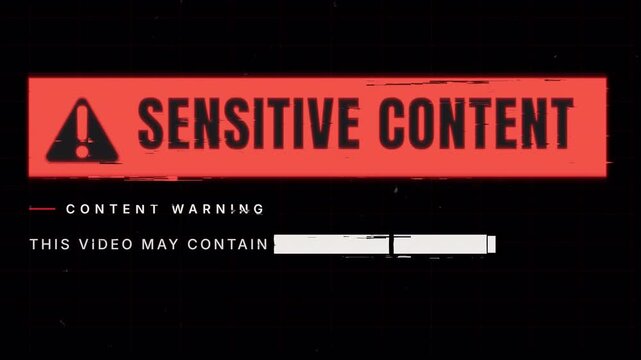 Redacted sensitive content warning screen with digital distortion. Glowing red censorship warning bar with glitch distortion, grid texture for restricted content presentation
