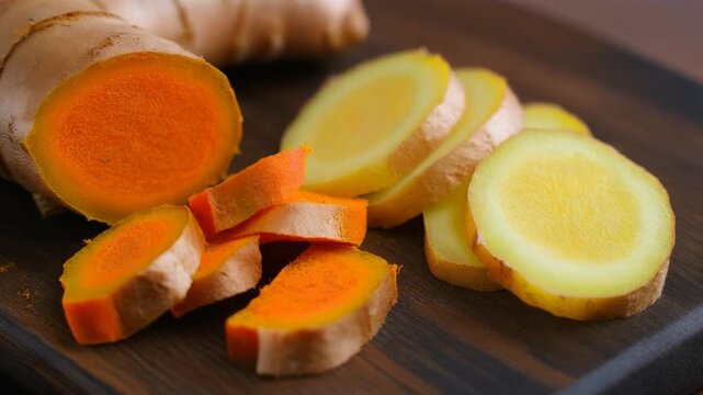 Sliced fresh ginger and turmeric root on wooden board