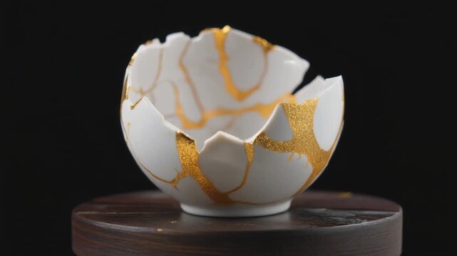 White ceramic bowl repaired with gold in kintsugi style