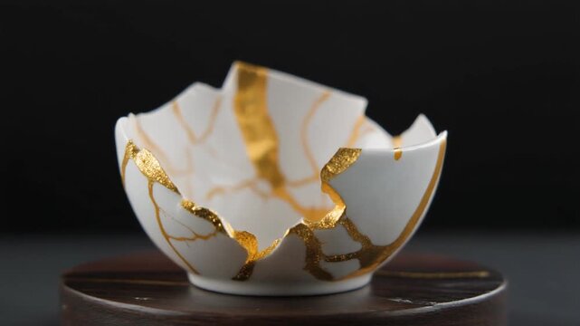 Broken white ceramic bowl repaired with gold kintsugi style
