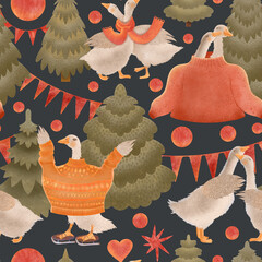 Funny Christmas seamless pattern with cute geese wearing cozy orange knitted sweaters and ice skates, fir trees, and flag garlands on a dark grey background © Grin Katalin