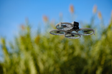 Compact quadcopter drone with propeller guards hovering outdoors against lush green vegetation and clear blue sky background © Bugra Kaan Ersoy