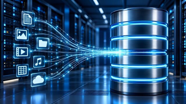 Centralized database cylinder connected to holographic file and media icons in a server room representing data aggregation and backup
