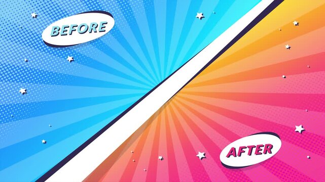 Before and After comparison banner with comic book style pop art background