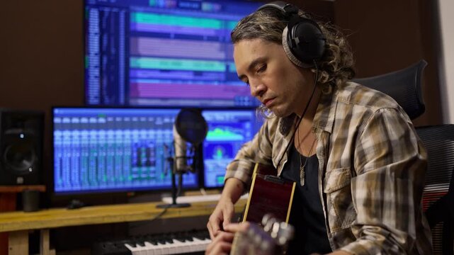 Independent music producer playing guitar in home studio