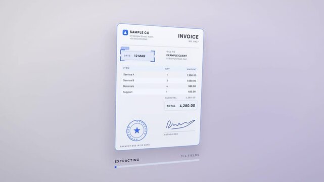 Invoice data extraction animation, paper invoice goes digital as date, total, stamp and signature are verified