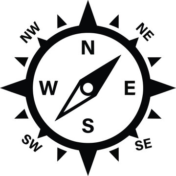 A black vector compass rose with cardinal directions and needle points north compasses navigation
