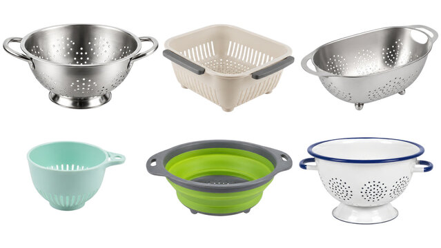 Assortment of six kitchen colanders and strainers in metal, enamel, plastic, and collapsible silicone styles on a transparent background