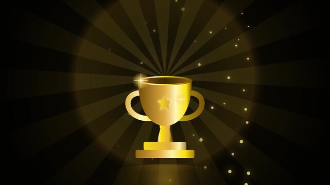 Golden trophy cup spinning in a glowing spotlight with sparkling star particles in background video footage