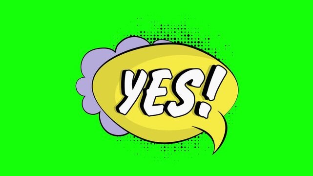 Yes text in comic book speech bubble animation with green screen background
