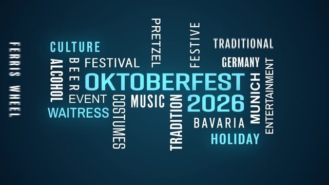 Video animation of a word cloud on the topic of Oktoberfest 2026 in Munich (Germany) - various terms, keywords - business concept.