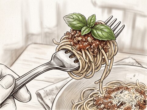 Hand drawn Spaghetti with Meat and Basil Leaves on a Fork Sketch Illustration
