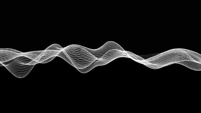 Background abstract digital wave and light square particles in organic motion, glowing blue digital waves with scattered bright dots against, mesh and particle lines black background, 4k