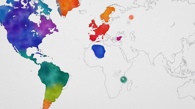 World map filling with watercolor paint splashes continent by continent, from line outline to full color