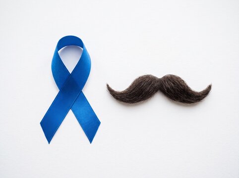 Blue ribbon and mustache on white background. Prostate cancer awareness concept