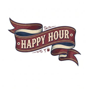 Flag ribbon template. Vintage ribbon flag, text Happy Hour. Graphic retro flag, ribbon, poster banner. Retro style, coffee shop for cafe, bar, restaurant, food menu. Vector Illustration